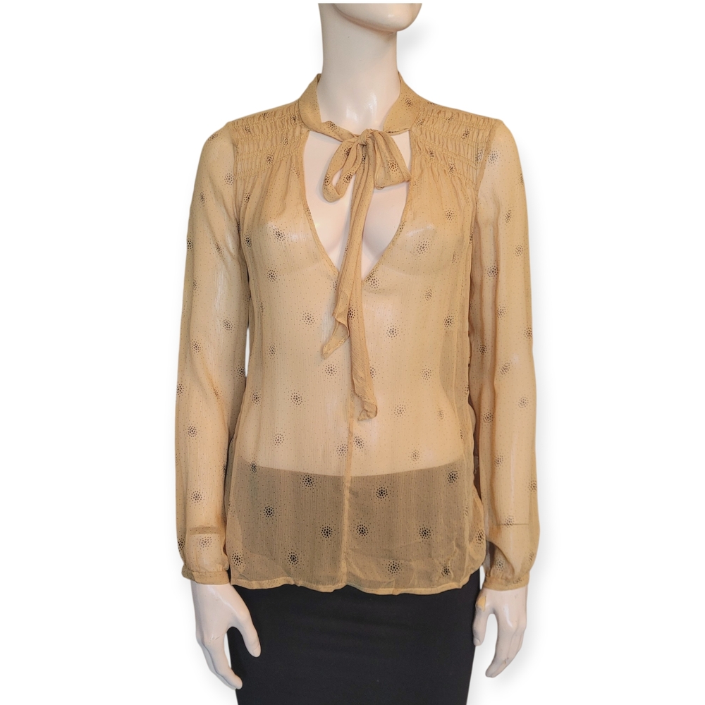 Sheer Silk Chiffon Club Monaco Tie-Neck Blouse Parisian Quiet Luxury Small